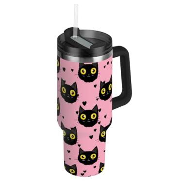 Imagem de Joisal Copos com tampa e canudo fofo rosto de gato preto coração rosa copo de 850 g com alça garrafa de água térmica aço inoxidável carros xícara de café bebida quente