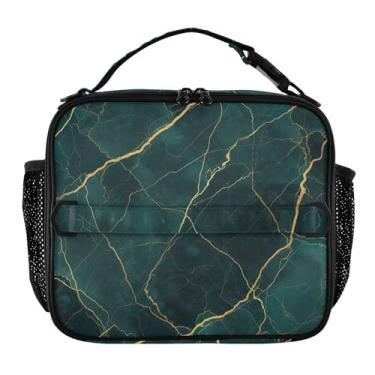 Imagem de Joisal Lancheira dourada com textura de mármore azul-petróleo para mulheres, meninas, lancheira com alça de ombro, lancheira masculina e infantil para trabalho, meninos, linda bolsa térmica com flores