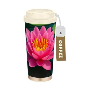Imagem de TSENQUE Copo de café de viagem 473 ml com revestimento cerâmico, copo de caneca de café de aço inoxidável com tampa de enchimento e canudo, copo isolado a vácuo, flor de lírio de água rosa
