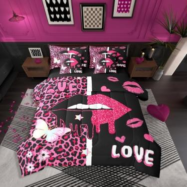 Imagem de Erosebridal Jogo de cama feminino king com lábio rosa e estampa de leopardo rosa com estampa de borboleta, coração e amor, conjunto de cama com lençol para adolescentes, adultos, temática romântica