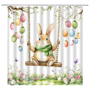Imagem de Cortina de chuveiro coelhinho da Páscoa primavera coelho fofo balanço ovos coloridos aquarela floral fazenda animais flores silvestres natureza paisagem tecido decoração de banheiro cortinas com