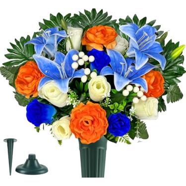 Imagem de Naramiji Flor de cemitério de seda para lápide, rosas artificiais e lírio de ranúnculo