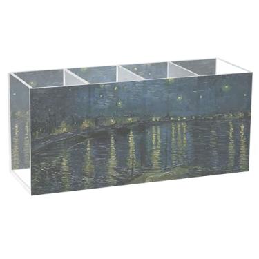 Imagem de TSENQUE Starry Night Vangogh Estampas Bonito Porta-lápis de mesa de desenho animado Marcador de Arte Caddy Acrílico Pincel Caneta Copos Armazenamento de Lápis