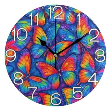 Imagem de GAIGEO Relógio de parede analógico decorativo redondo sem tique-taque silencioso relógio de cozinha rústico, arte de parede boho decoração de casa, borboletas coloridas vermelho azul, 25 cm, ponteiros