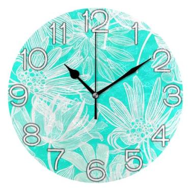 Imagem de GAIGEO Relógio de parede analógico decorativo operado por bateria relógio de cozinha para quarto, arte de parede moderna, decoração de casa, folhas brancas florais aquáticas, 25 cm, ponteiros dourados