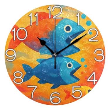 Imagem de GAIGEO Relógio de parede analógico decorativo divertido alimentado por bateria relógio de cozinha fofo, decoração de parede de fazenda moderna peixe engraçado laranja azul, 25 cm, ponteiros dourados