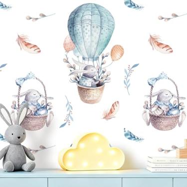Imagem de ReWallpaper Papel de parede de berçário Descasque e cole papel de parede de coelho aquarela rosa azul balão de ar quente arte livro de histórias capa de parede removível para quarto de bebê, quarto de