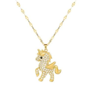 Imagem de Dtja Colar com pingente de unicórnio de zircônia cúbica dourada para mulheres, pingente de cavalo de cristal de aço inoxidável, corrente ajustável, joias delicadas para festa de casamento de