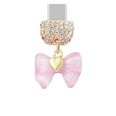 Imagem de ELISE & FONDA TP1020 Tipo-C porta de carregamento cristal antipoeira plugue pequeno laço 3D com pingente de telefone celular coração amor para iPhone 15/16/Samsung/OnePlus/Xiaomi/oppo telefones
