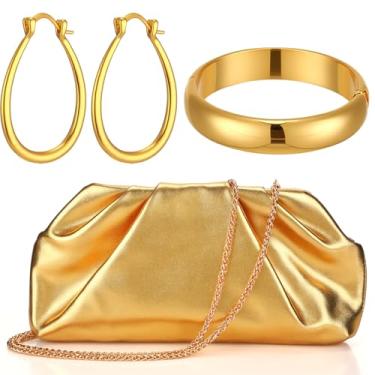 Imagem de Shinylin Conjunto de joias com 3 peças de bolsa plissada dourada para mulheres, bolsa de noite, pulseira, brinco oval de lágrima, acessórios dourados para casamento, festa de Natal, presente de