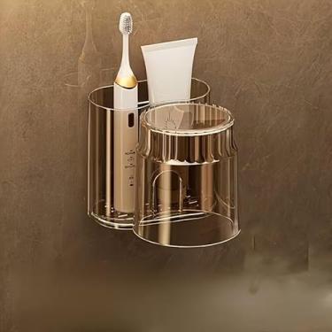 Imagem de Suporte de escova de dentes montado na parede com copo de gargarejo - sem broca, organizador de banheiro com economia de espaço para pasta de dente e escovas, cor citrina