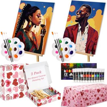 Imagem de Resurhang Kit de pintura em tela pré-desenhada para casais com 15 peças, kit de pintura em tela pré-impressa para festas de aniversário e adultos (casal de taças de vinho)