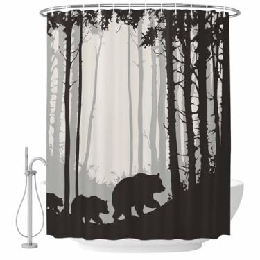 Imagem de Cortina de chuveiro rústica com silhueta de urso floresta, preto, cinza, fazenda, tecido impermeável, conjunto de cortinas de chuveiro para banheiro, decoração de casa, lavável na máquina