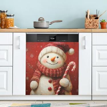 Imagem de xigua Linda capa magnética de boneco de neve de Natal, adesivos magnéticos decorativos antiarranhões para painel de geladeira e lava-louças, decoração personalizada de cozinha doméstica 58 x 66 cm