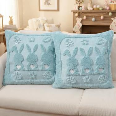 Imagem de QIONG MENG Capas de almofada de Páscoa 45,7 x 45,7 cm Conjunto de 2 fronhas de almofada de coelho azul para decoração de sofá de casa