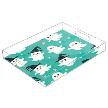 Imagem de xigua Bandeja de servir de acrílico fantasma de Halloween com alças à prova de derramamento, bandejas decorativas de festa de Halloween, bandeja organizadora de bancada para banheiro, cozinha, 30,5 x