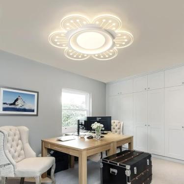 Imagem de Luminária de teto LED moderna em formato de girassol. Estilo elegante, ideal para iluminação interna. Luminária de teto em acrílico em formato de flor com controle remoto. Perfeita para quar