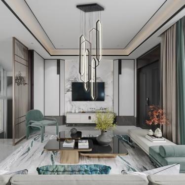 Imagem de Lustre LED moderno dourado, luminária pendente grande de alumínio para tetos altos, com controle remoto, 6 lâmpadas, ideal para escadas, hall de entrada, sala de estar e hall de entrada de c