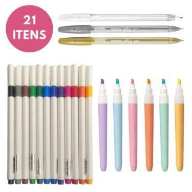 Imagem de Kit Escolar com 21 Itens Conjunto Lettering Marcador Pastel Ponta Fina