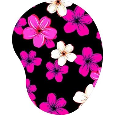 Imagem de Mouse Pad Ergonômico Gota Flores Pink e Brancas Fundo Preto