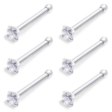 Imagem de Ftovosyo 6 peças de anéis de nariz de aço cirúrgico em forma de L para mulheres 1,5 mm zircônia cúbica parafuso de narina piercings hipoalergênicos 24 g 22 g 20 g, 20g,1.5mm CZ, Metal, Zircônia cúbica