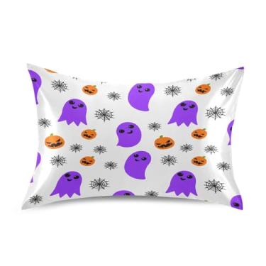 Imagem de Wassud Fronha de cetim para cabelo e pele Halloween Boo fronhas de seda lisa tamanho padrão capas de travesseiro respiráveis com fecho de envelope