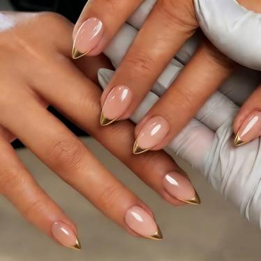 Imagem de KXAMELIE Unhas de amêndoa – unhas curtas francesas com cola, unhas postiças nude natural em 12 tamanhos – Kit de 24 unhas de gel macio para mulheres, ajuste excelente, elegante cromo dourado francês