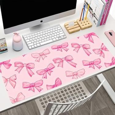 Imagem de Tapete de mouse para jogos com laços rosa grandes, 70 × 29 cm, bonito protetor de mesa impermeável e antiderrapante para teclado, mouse e computador, acessórios duráveis de material de escritório