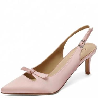 Imagem de SLXCHBSL Salto agulha feminino com laço, bico fino fechado, salto baixo, tira no tornozelo, ajustável, festa, casamento, escritório, sapatos elegantes, Cetim rosa, 35
