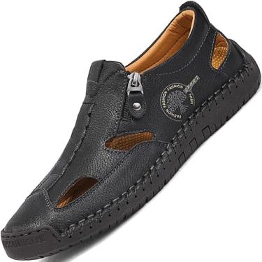 Imagem de Sandálias masculinas de bico fechado para homens, vestido de couro, branco, azul, marrom, preto, tamanho verão, chinelos, sapatos masculinos casuais, Preto, 37