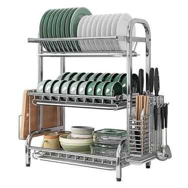 Imagem de Escorredor de louça de aço inoxidável - Organizador de bancada de 3 camadas à prova de ferrugem com suporte de utensílios, design de grande capacidade e economia de espaço para bancada de cozinha