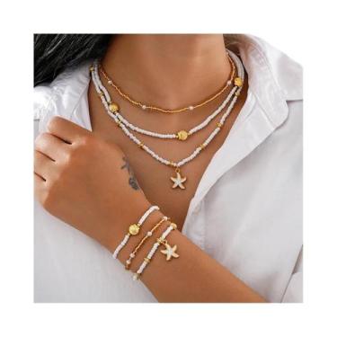 Imagem de Conjunto De Joias Boho Dourado E Branco Com Contas De Arroz E Conchas 