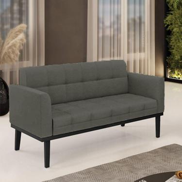 Imagem de Poltrona Namoradeira Decorativa Pés Fixo Em Madeira Preto Linho Cinza Mesclado