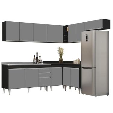 Imagem de Armário De Cozinha Modulado De Canto 7 Peças Cp24 Com Pia Inox Preto-cinza - Lumil