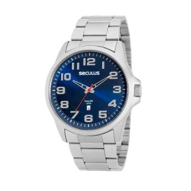 Imagem de Relógio Masculino Seculus Prata Aço Mostrador Azul Original Resistente