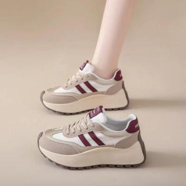 Imagem de Tênis Casuais Femininos Com Solado Grosso Em Couro Patchwork Para Outo