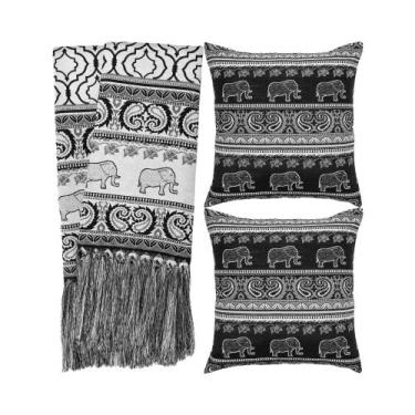 Imagem de Kit 1 manta Rústica e 2 Capas de Almofada para Sofá Indiano Preto e Br