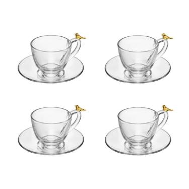 Imagem de Cj 4 Xícaras P/Café C/Pires de Cristal Transparente Golden Bird 80ml Wolff