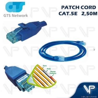 Imagem de Cabo patch cord 2,5 mts cat5e com capa moldada e protetora azul - GTS 