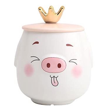 Imagem de seelucky Caneca de balão de ar quente com tampa colher caneca 3D xícara de café de cerâmica xícara de chá de lua presente de aniversário escritório casa (porquinho, 350 ml)