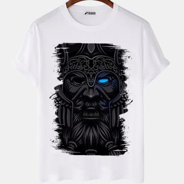 Imagem de Camiseta masculina Odin Deus Arte Desenho Rosto Camisa Blusa Branca Estampada