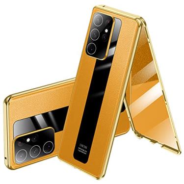 Imagem de Capa para Samsung Galaxy S22/S22 Plus/S22 Ultra 5G, capa de proteção dupla face adsorção magnética transparente vidro temperado metal capa flip de couro genuíno, amarelo, s22 Ultra 6,8"