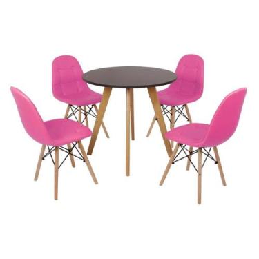 Imagem de Mesa Laura 80cm Preta + 4 Cadeiras Eiffel Botonê - Rosa - Made Moveis