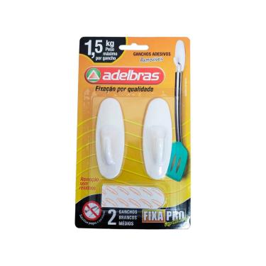 Imagem de Kit 2 Ganchos Pequeno Autoadesivo Até 1,5kg Branco Adelbras