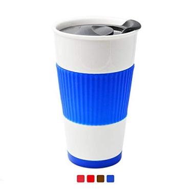 Imagem de UDMG Xícara de café de viagem isolada de parede dupla de cerâmica com tampa deslizante, manga de silicone e porta-copos embutido, 25 ml (azul)