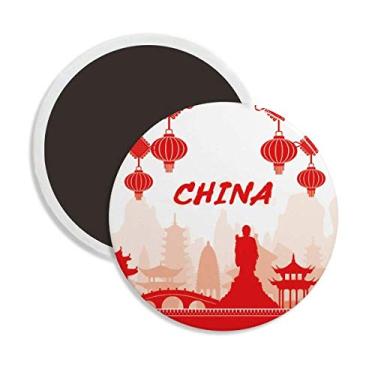 Imagem de Red Outline Landmark China Round Cerâmica Ímã de geladeira Lembrança Decoração