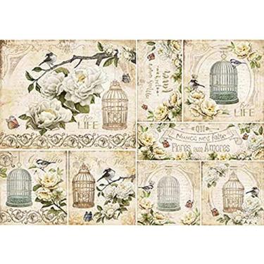 Imagem de Papel para Decoupage Litoarte 49 x 34,3 cm - Modelo PD-927 Gaiola Pássaros com Flores Fundo Claro