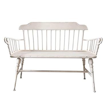 Imagem de KIZQYN Banco de jardim ao ar livre banco de jardim de ferro forjado pátio cadeira dupla retrô envelhecida varanda com encosto, bancos brancos leitosos ao ar livre