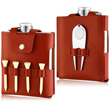 Imagem de Conjunto de cantis de golfe para presente de aço inoxidável de 200 ml com estojo de couro acessórios de golfe para homens e mulheres inclui frascos de bebida Divot Tool Ball Marker e 4 camisetas de golfe