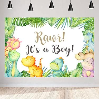 Imagem de Aperturee Dinossauro It's a boy Pano de fundo para chá de bebê 1,5 x 0,9 m Oh Menino Tropical Folhas de Palmeira Selva Fundo Infantil Recém-Nascidos Mesa de Bolo, Decoração de Festa, Estúdio de Foto